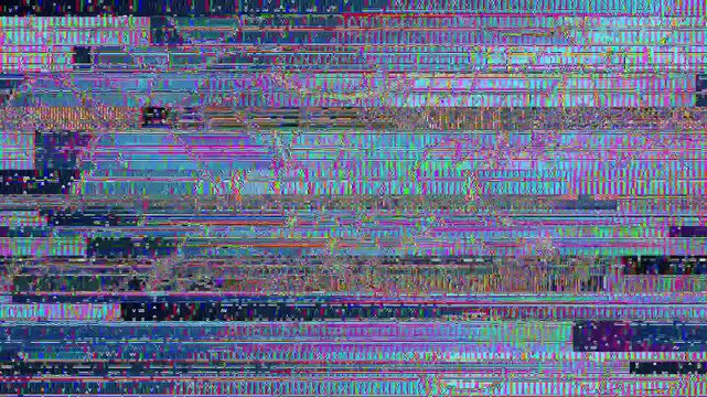 Abstract digital glitch distortion with rapidly changing artifacts and multicolored interference