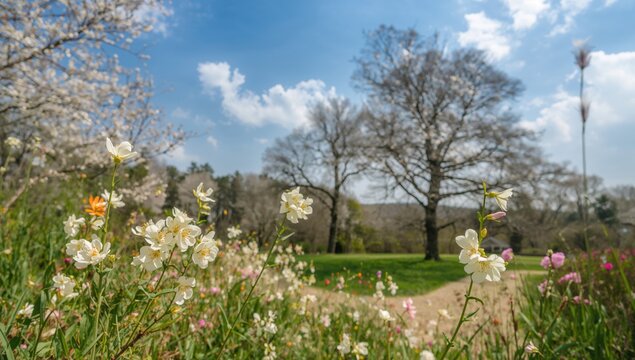 Blooming Wildflowers in a Spring Landscape with a Clear Blue Sky