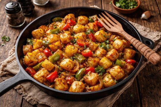 Delicious Sauteed Potatoes with Bell Peppers and Herbs in a Cast Iron Skillet