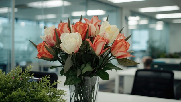 Bouquet of Orange and White Roses in Modern Office Environment