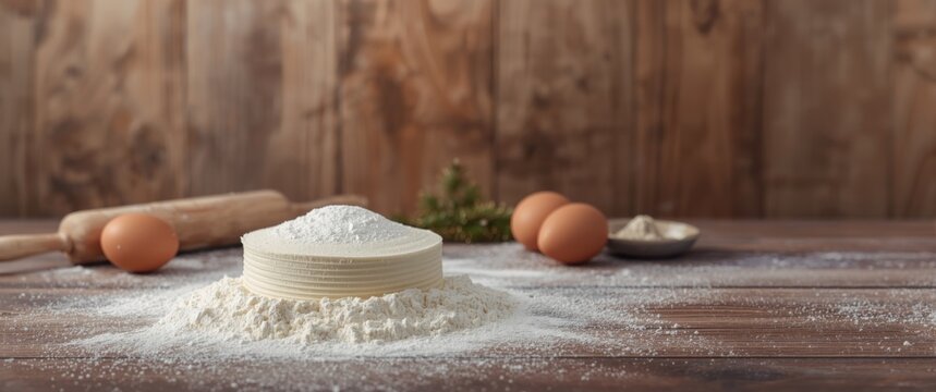 Flour Pile with Eggs and Rolling Pin on a Rustic Wooden Table
