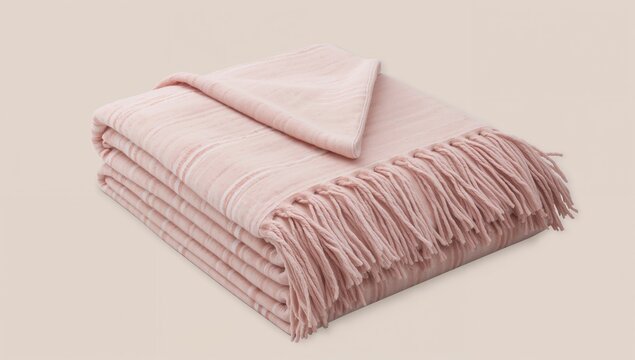 Soft Pink Woven Blanket with Fringed Edges on Light Background