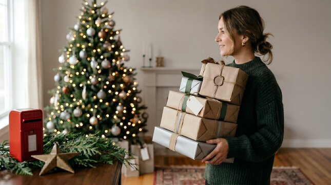 Smiling Woman Holding Stack of Wrapped Gift Boxes Near Decorated Christmas Tree