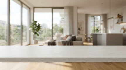 Fototapeta premium Sharp empty wooden tabletop surface in foreground over blurred modern interior background ideal for product presentation, mockup backdrop, branding, and marketing materials
