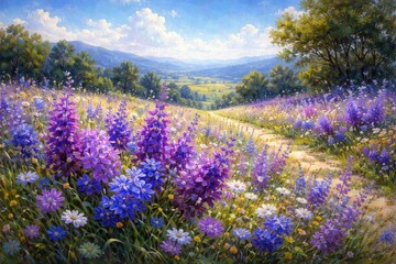 Fototapeta premium Vibrant Wildflower Meadow in Bloom Under a Bright Sky with Rolling Hills