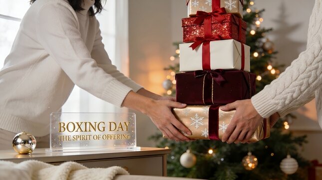 Close up of Hand Giving Gift Boxes Stack on Boxing Day with Christmas Tree Blurred Background
