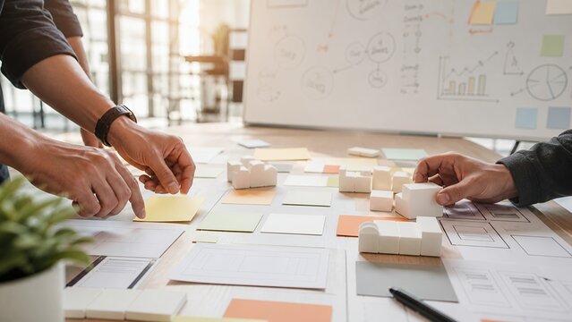 Startup Team Hands Arranging Prototype Planning Materials