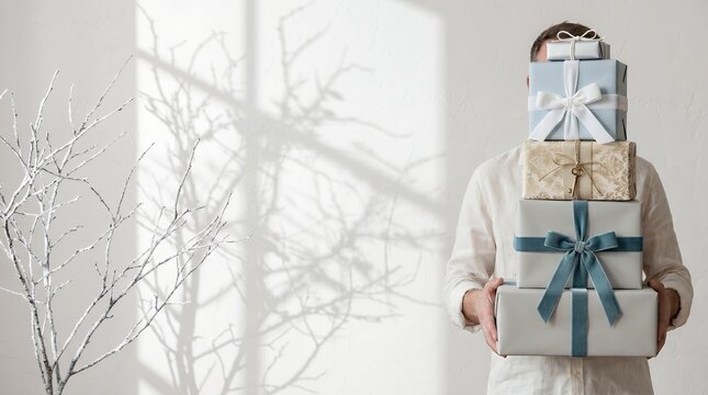 Man Holding Stack of Wrapped Holiday Presents Covering Face with Decorative Branch Shadow