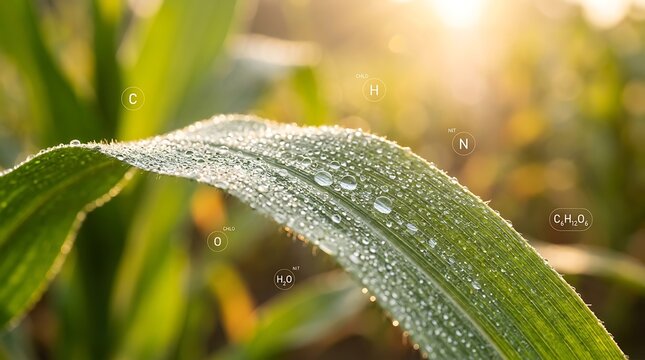 Close up of a green corn leaf covered in morning dew drops with faint chemical molecular formulas overlaid on a blurred agricultural field background