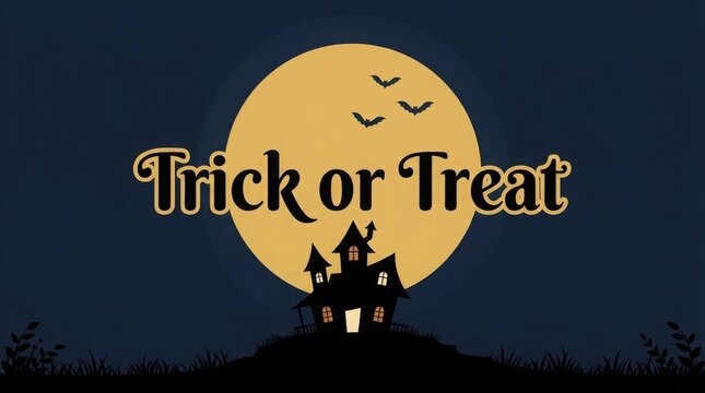 A spooky halloween night scene featuring a full moon silhouetted bats and a haunted house