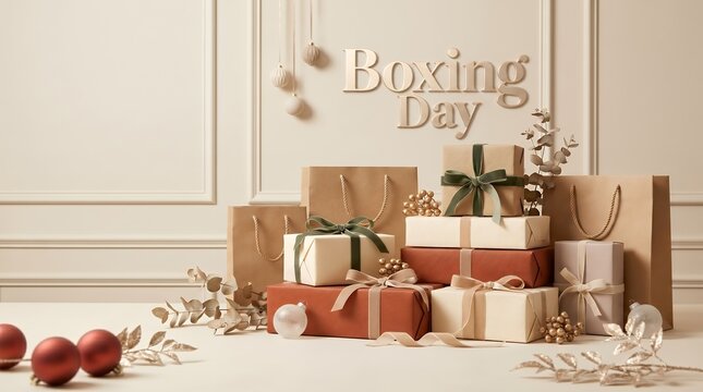 Elegant Boxing Day Celebration with Gifts, Shopping Bags, and Festive Decorations