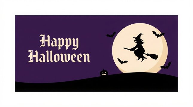 A spooky and delightful halloween scene featuring a silhouetted witch flying across a full moon in a purple night sky