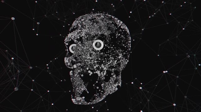 Seamless loop of abstract human skull formed by glowing polygonal plexus network. Digital futuristic artificial intelligence model made of connected molecular nodes and abstract background.
