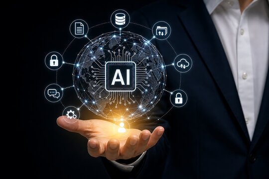 Hand holds glowing ai concept with connected icons and digital network
