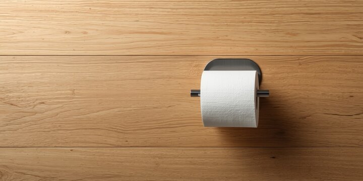 Toilet Paper Roll Installed on a Simple Wall Mounted Holder Against Wood Paneling
