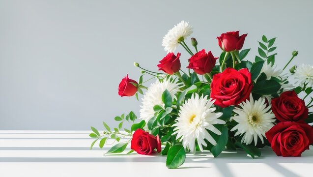 Red Roses and White Daisies Arranged on a Table with Shadow Play