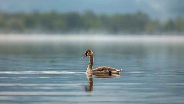 Young Swan Swimming Calmly on a Misty Lake at Dawn
