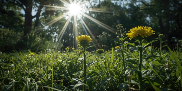Sunlight Shining Through Trees on Yellow Wildflowers in a Green Meadow