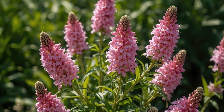 Pink Flowers Blooming in a Green Field Under Bright Sunlight