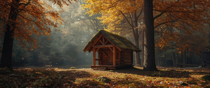 Cozy Wooden Cabin Surrounded by Autumn Foliage in a Tranquil Forest Clearing