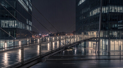 Fototapeta premium Elevated pedestrian footbridge connecting two glass office skyscrapers at night, illuminated walkway with steel cables and wet pavement in city center