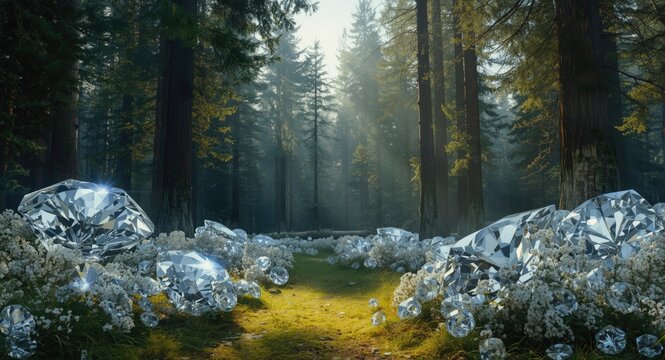 Sparkling Diamonds Surrounded by Wildflowers in a Sunlit Forest Path