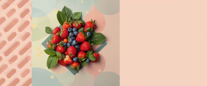 Fresh Strawberries and Blueberries Arranged on a Colorful Background with Leaves