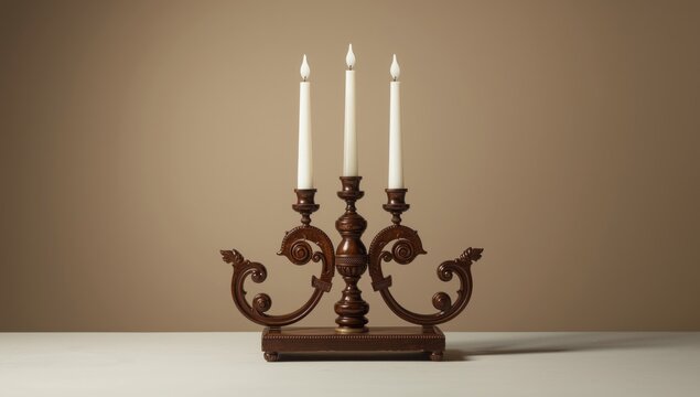 Elegant Wooden Candelabra with Three White Candles on a Neutral Background