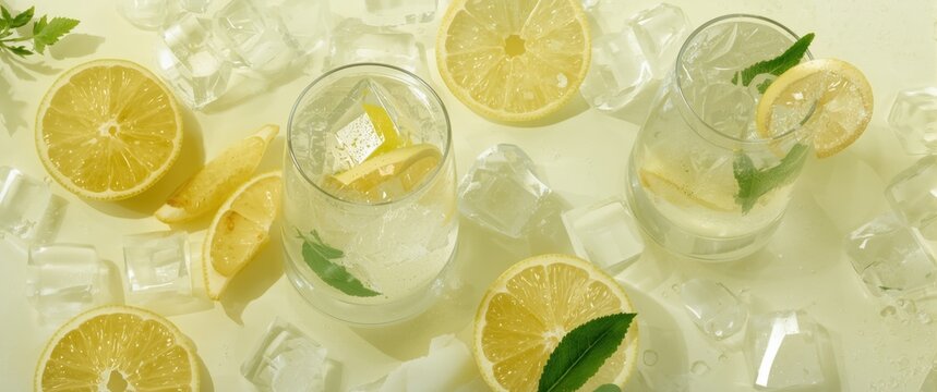 Refreshing Lemonade with Ice Cubes and Lemon Slices on a Light Background