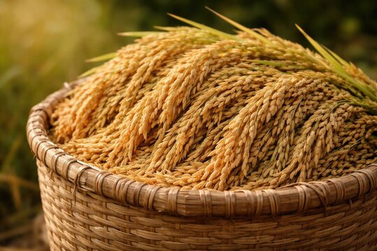 Golden Rice Grains Piled in a Wicker Basket Outdoors in Soft Light