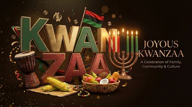 Vibrant Kwanzaa Celebration with Kinara Drum Corn and Fruit Basket Decorative Background