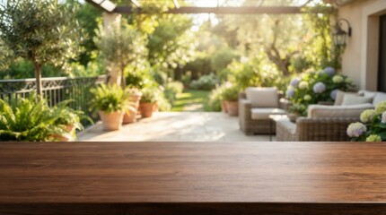 Fototapeta premium Sharp wooden tabletop surface in foreground over a softly blurred modern interior garden backdrop ideal for product presentation mockups branding and marketing