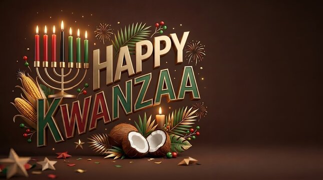 Festive Golden and Green Happy Kwanzaa Text with Traditional Symbols and Decorations