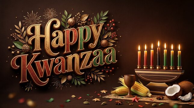 Ornate Festive Text "Happy Kwanzaa" with Kinara and Harvest Elements