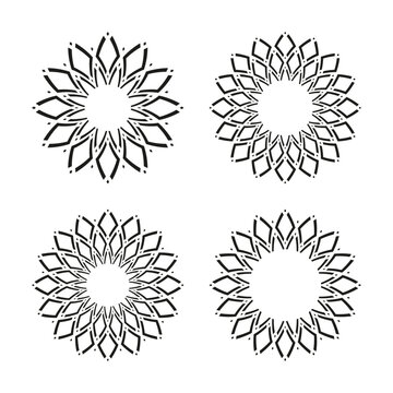 Set of Radial Geometric Circle Patterns in Flower Shape. Round Elements for Design. 