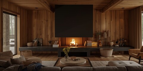 Fototapeta premium Cozy Modern Living Room with Fireplace and Wooden Walls at Evening