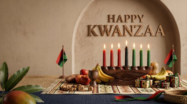 Warm Festive Kwanzaa Celebration Scene With Seven Lit Candles And Traditional Symbols