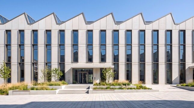 Exterior view of a contemporary office building with a sawtooth roofline, concrete facade, vertical glass windows, and a paved entrance plaza