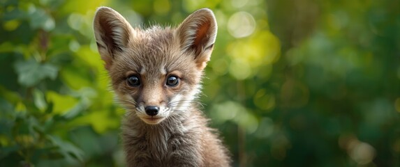 Naklejka premium Young Fox Curiously Looking at Camera in Lush Green Background