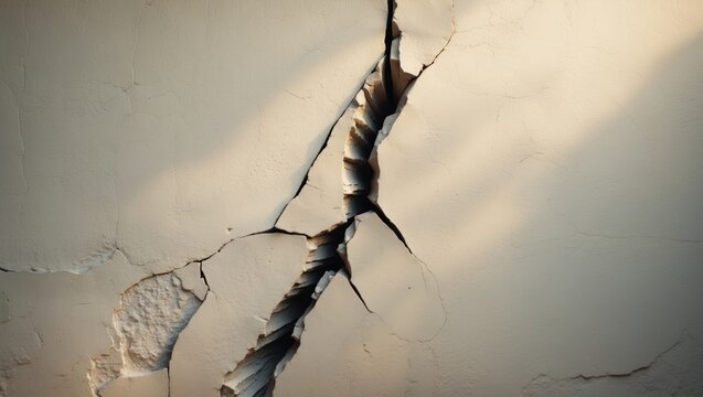 White wall featuring a prominent, diagonal crack extending across its length.