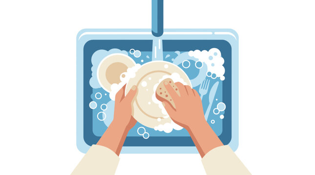 Hands washing dishes in kitchen sink with suds