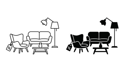 Fototapeta premium Living room furniture set with sale tag black and white silhouette