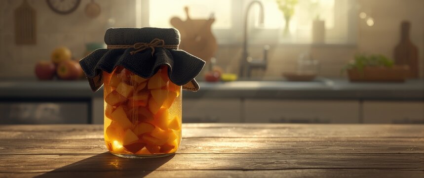 Jar of Homemade Preserves with Fruits on a Wooden Table in a Bright Kitchen