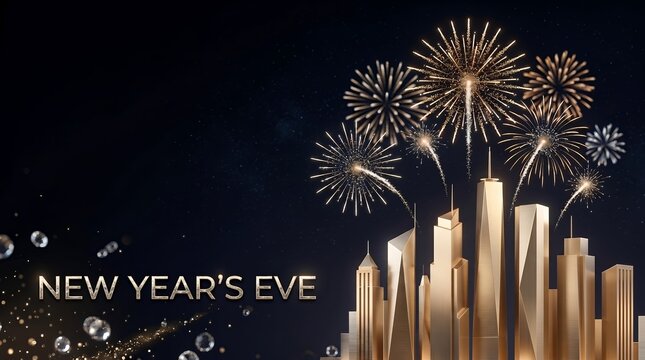 Opulent Golden City Skyline with Dazzling Fireworks Display Celebrating New Year's Eve