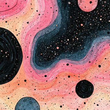 Abstract watercolor cosmos with planets and nebula waves