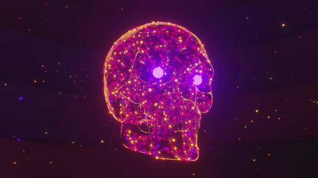 Seamless vj loop of abstract human skull formed by glowing polygonal plexus network. Digital futuristic artificial intelligence model made of connected molecular nodes and abstract background.