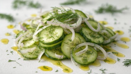 Obraz premium Fresh Cucumber Salad Slices with Onions and Dill Drizzled with Olive Oil