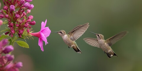 Fototapeta premium Hummingbirds hovering around pink flowers in a garden