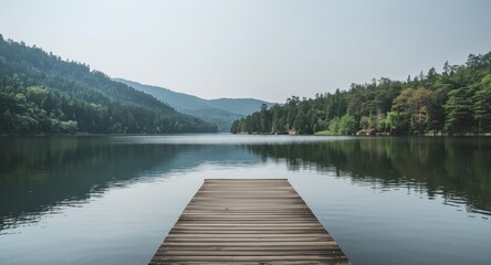 Fototapeta premium Wooden Pier Extending Into Calm Lake Surrounded by Lush Green Mountains