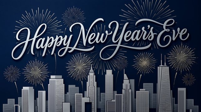 Celebratory Fireworks Display Above Stylized City Skyline Announcing Happy New Year's Eve Event
